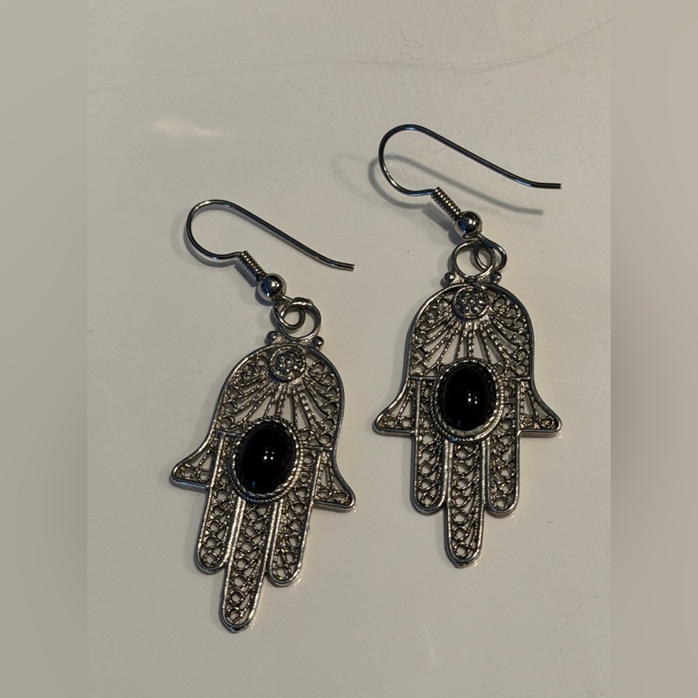 Elegant Silver and Black Hamsa Earrings